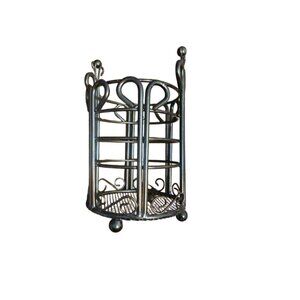 Vintage Black Metal Utensil Holder With Scrollwork Design & Mesh Bottom